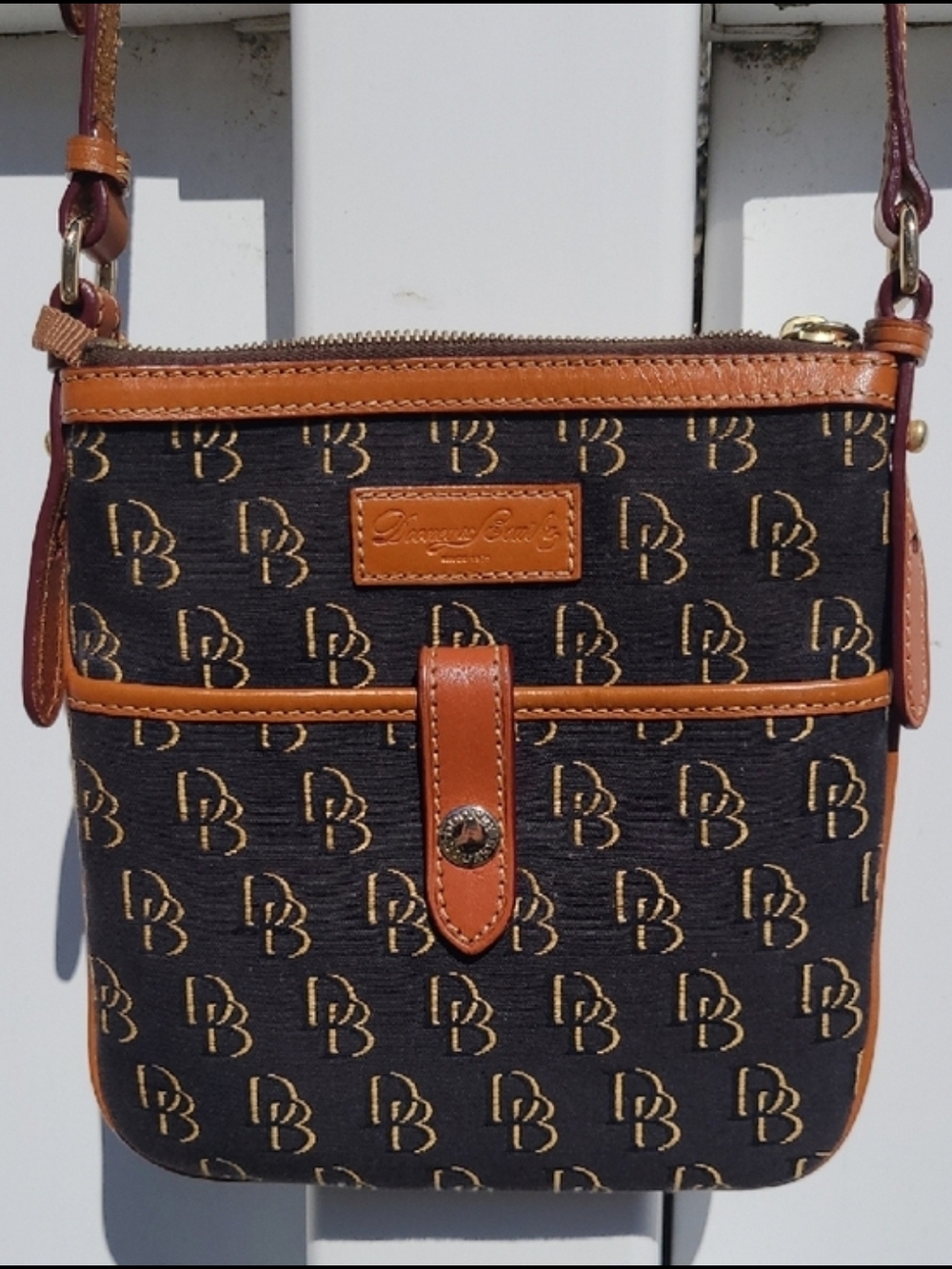 Dooney & Bourke Letter Carrier Black Signature DB Crossbody with Brown Trim